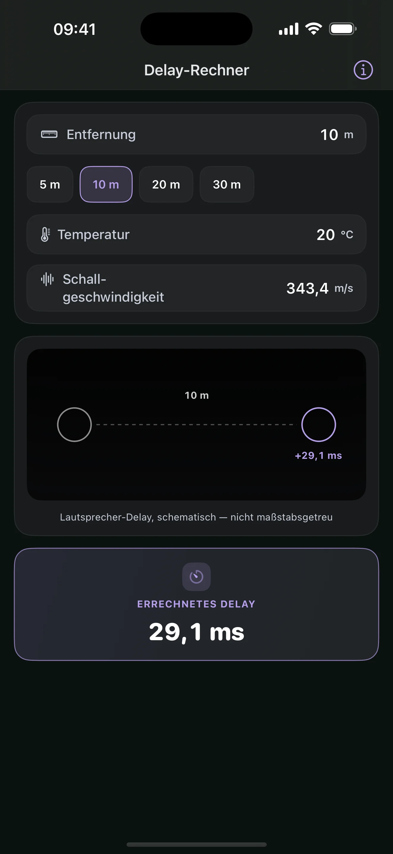 Delay Calculator: 10 m · 20 °C · 29.1 ms