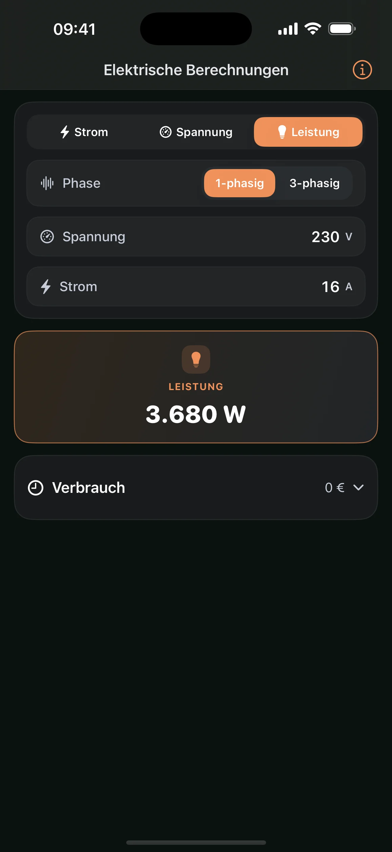 Electrical Calculator: 230 V · 16 A · PF 0.95