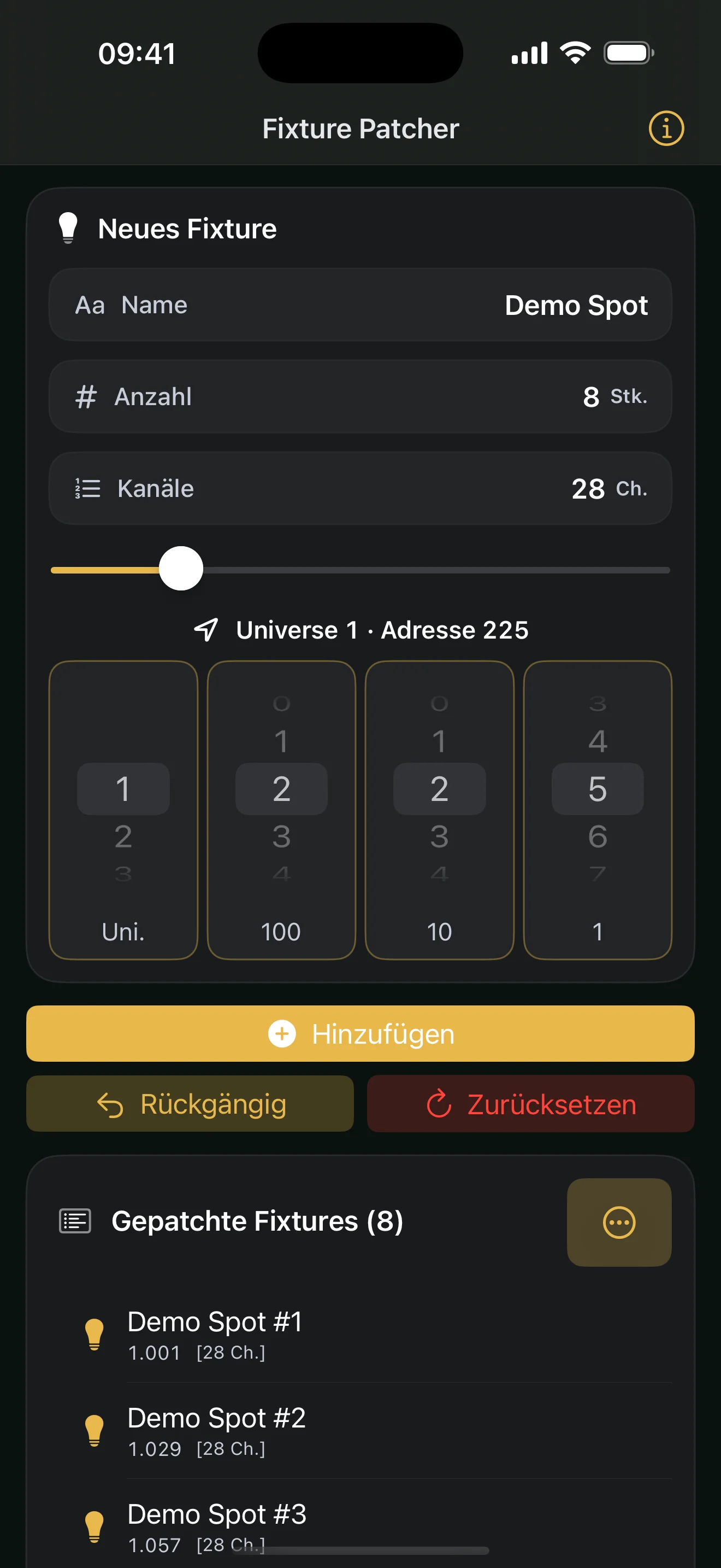 Fixture Patcher: 8 fixtures · 28 channels