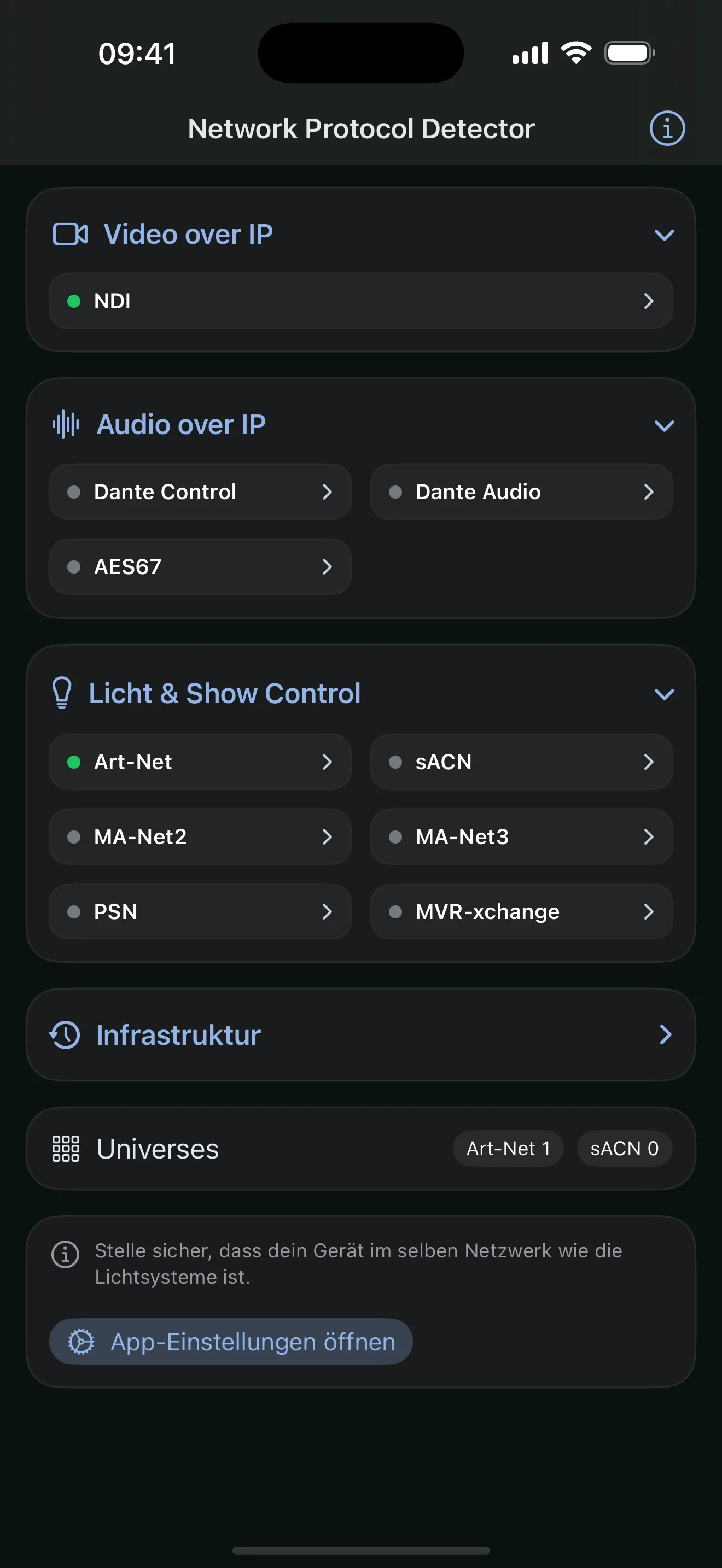 Network Protocol Detector: Art-Net · sACN · NDI active