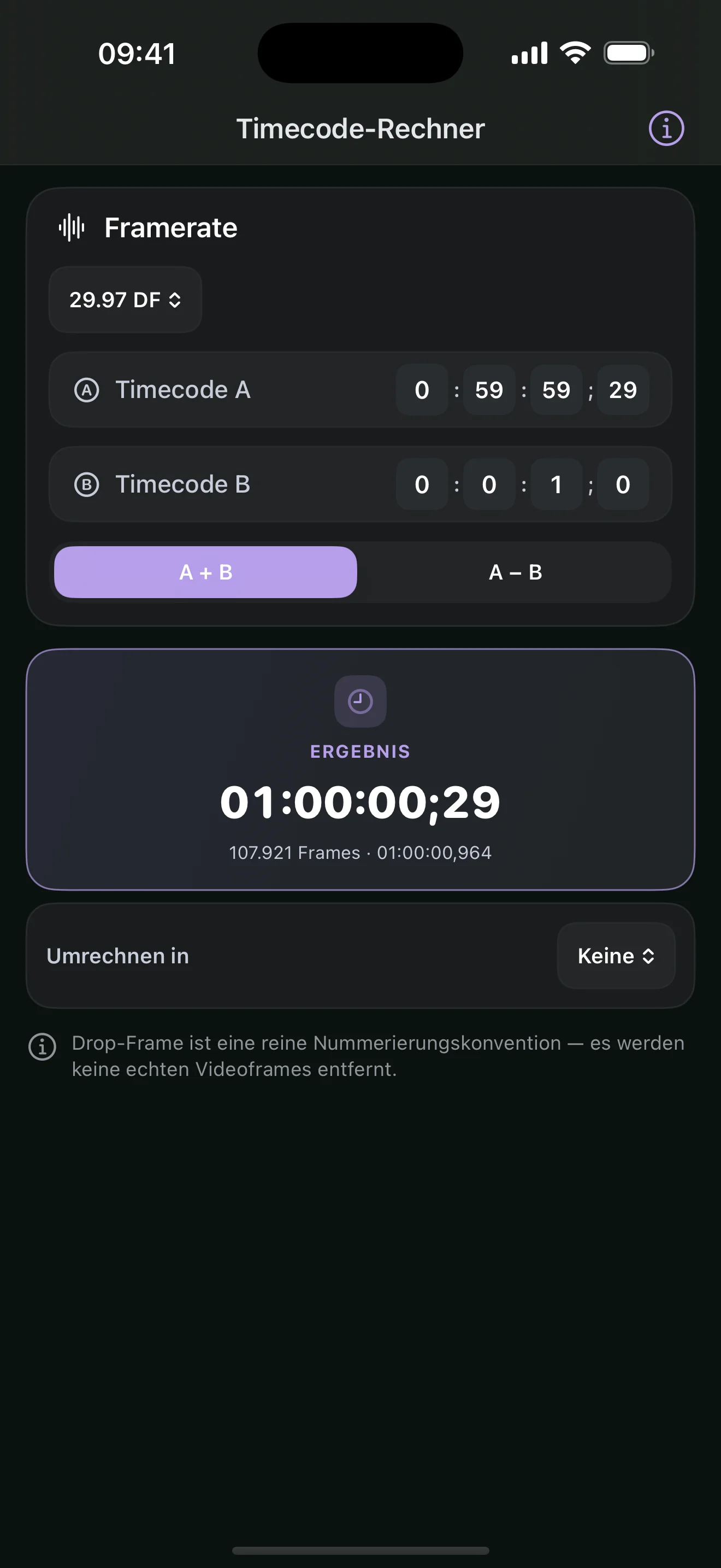 Timecode Calculator: 29.97 DF · 01:00:00;29